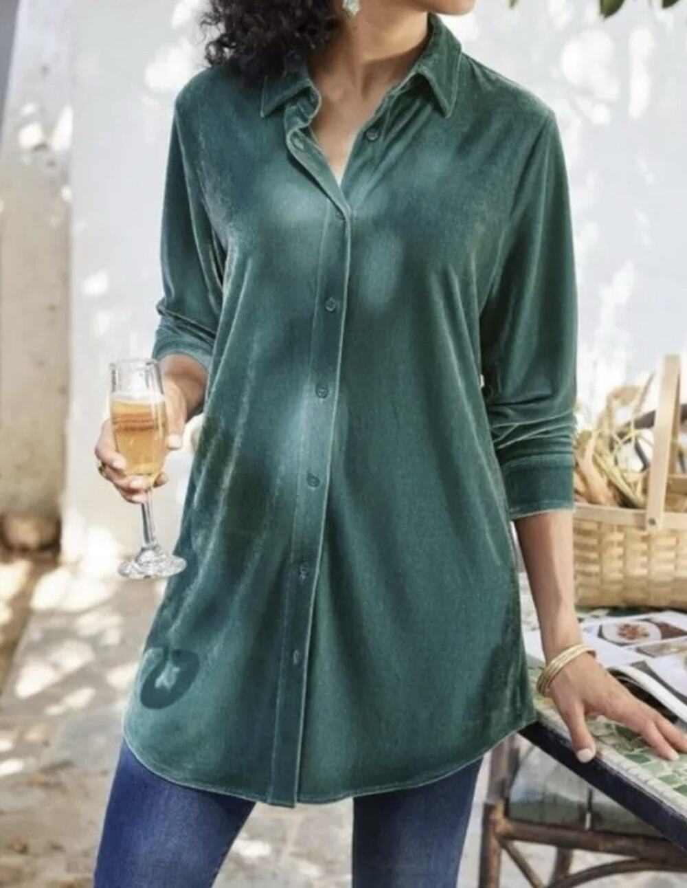Soft Surroundings Womens Velvet Button Front Top XS Teal Green Stretch Colorful